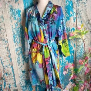 Natori satin watercolor floral print kimono robe